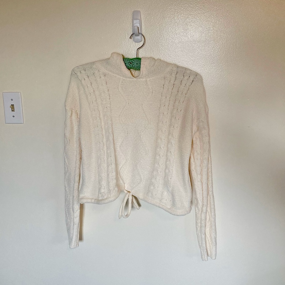 NWOT Chenille Cable Knit Sweater With Hood and Cinched Tie